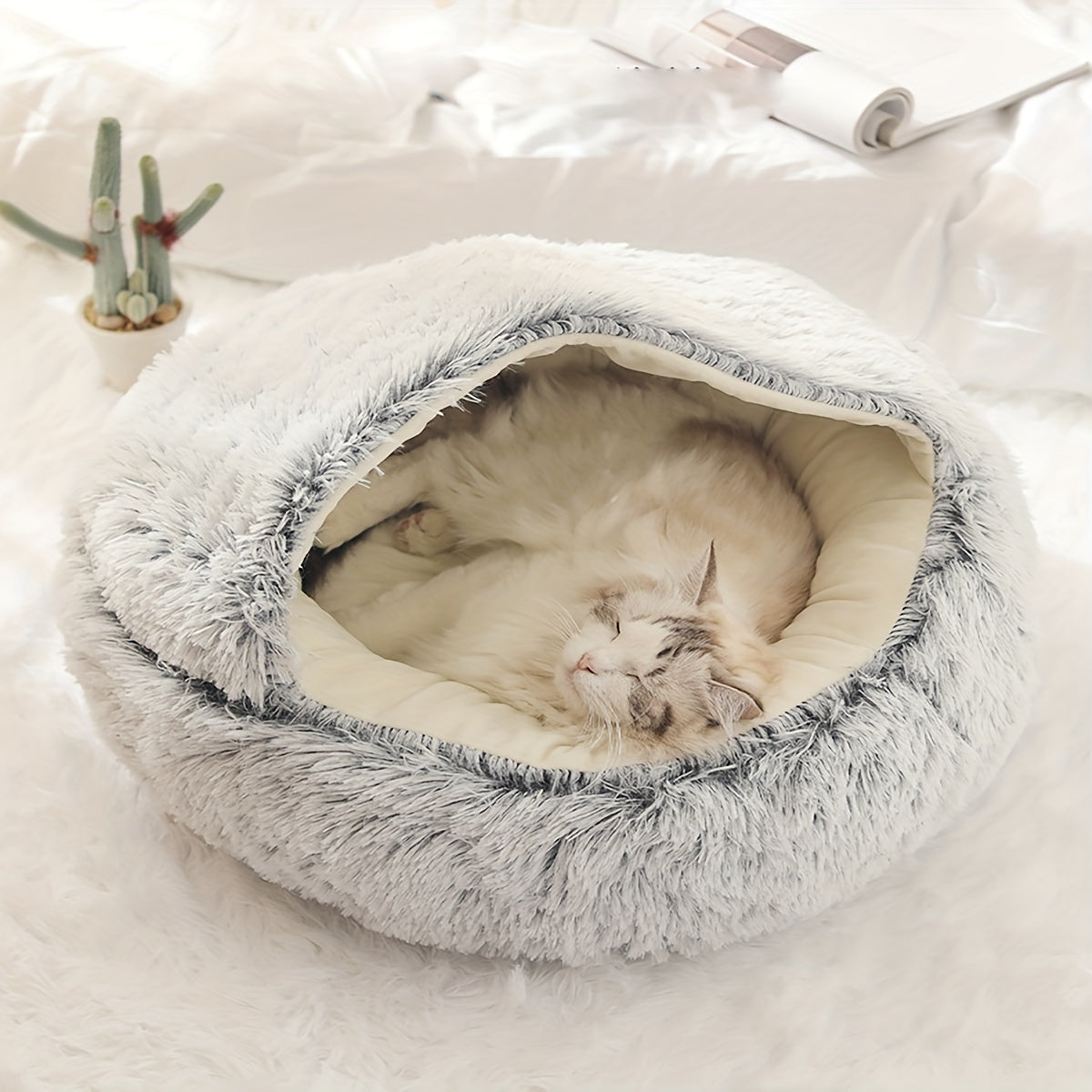 Cat Bed Round Plush Fluffy Hooded Cat Bed Cave