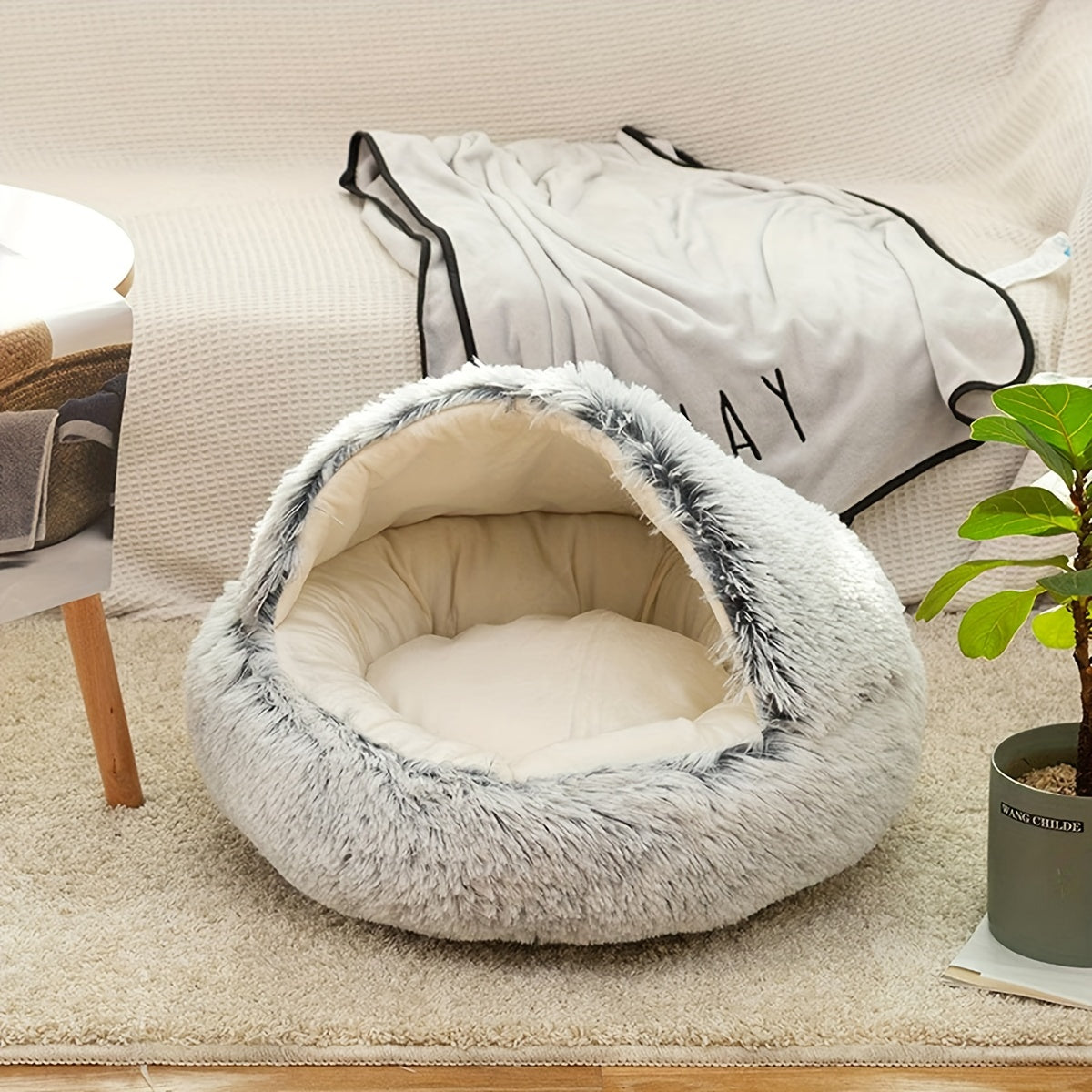 Cat Bed Round Plush Fluffy Hooded Cat Bed Cave