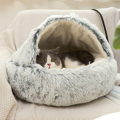 Cat Bed Round Plush Fluffy Hooded Cat Bed Cave