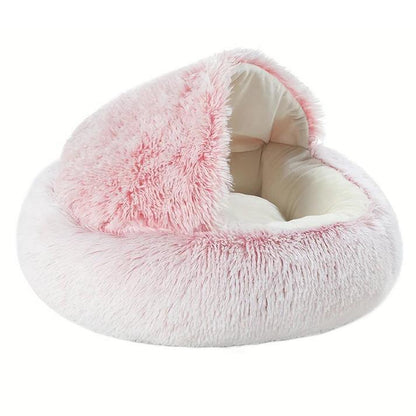 Cat Bed Round Plush Fluffy Hooded Cat Bed Cave