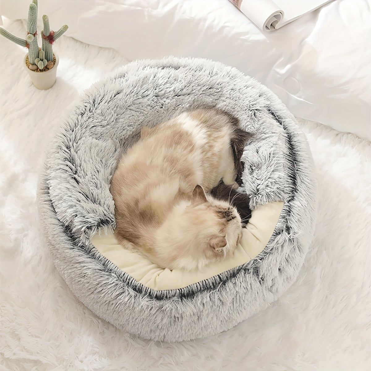 Cat Bed Round Plush Fluffy Hooded Cat Bed Cave